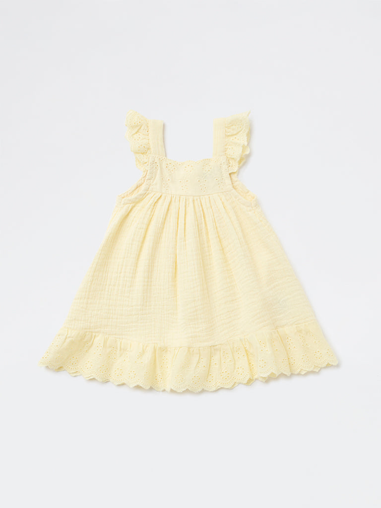 HOP Baby Girls Yellow Crinkle-Textured A-Line Cotton Dress