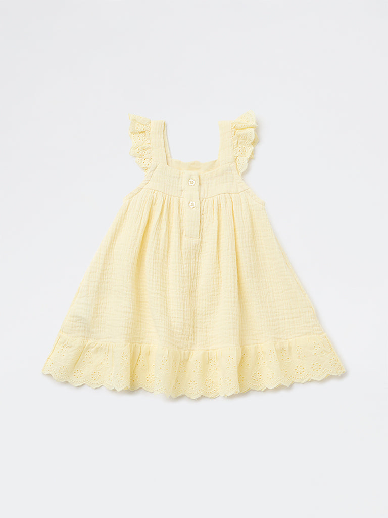 HOP Baby Girls Yellow Crinkle-Textured A-Line Cotton Dress