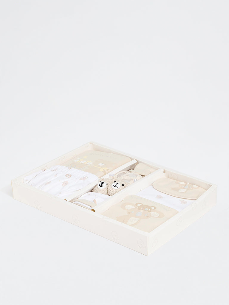 HOP Baby Boys Beige Teddy Printed Cotton Gift Set - Pack of 8
