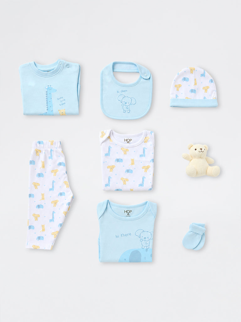 HOP Baby Boys Light Blue Animal Printed Cotton Baby Gift Set - Pack of 8