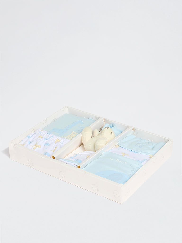 HOP Baby Boys Light Blue Animal Printed Cotton Baby Gift Set - Pack of 8