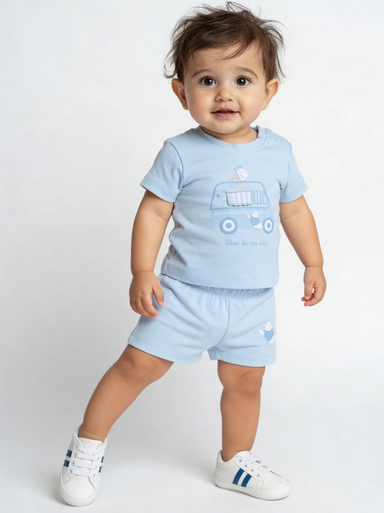 HOP Baby Boys Blue Printed Cotton Shorts