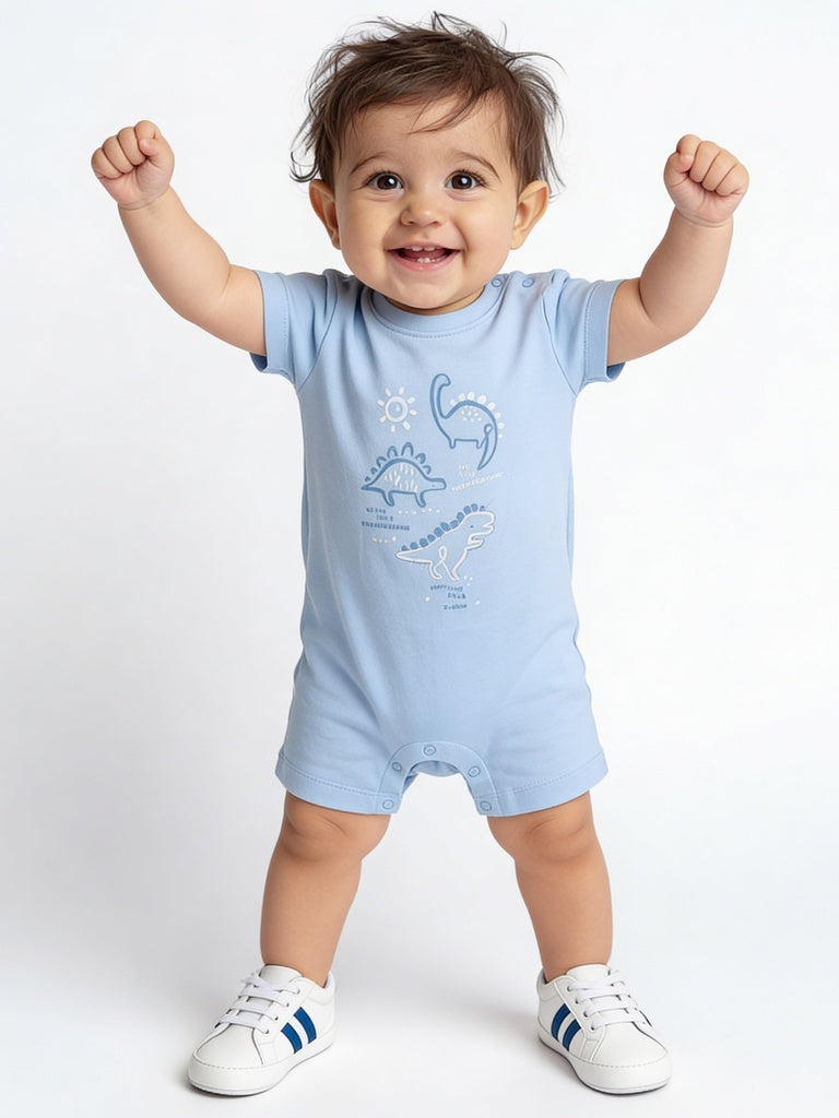 HOP Baby Boys Light Blue Printed Cotton Romper