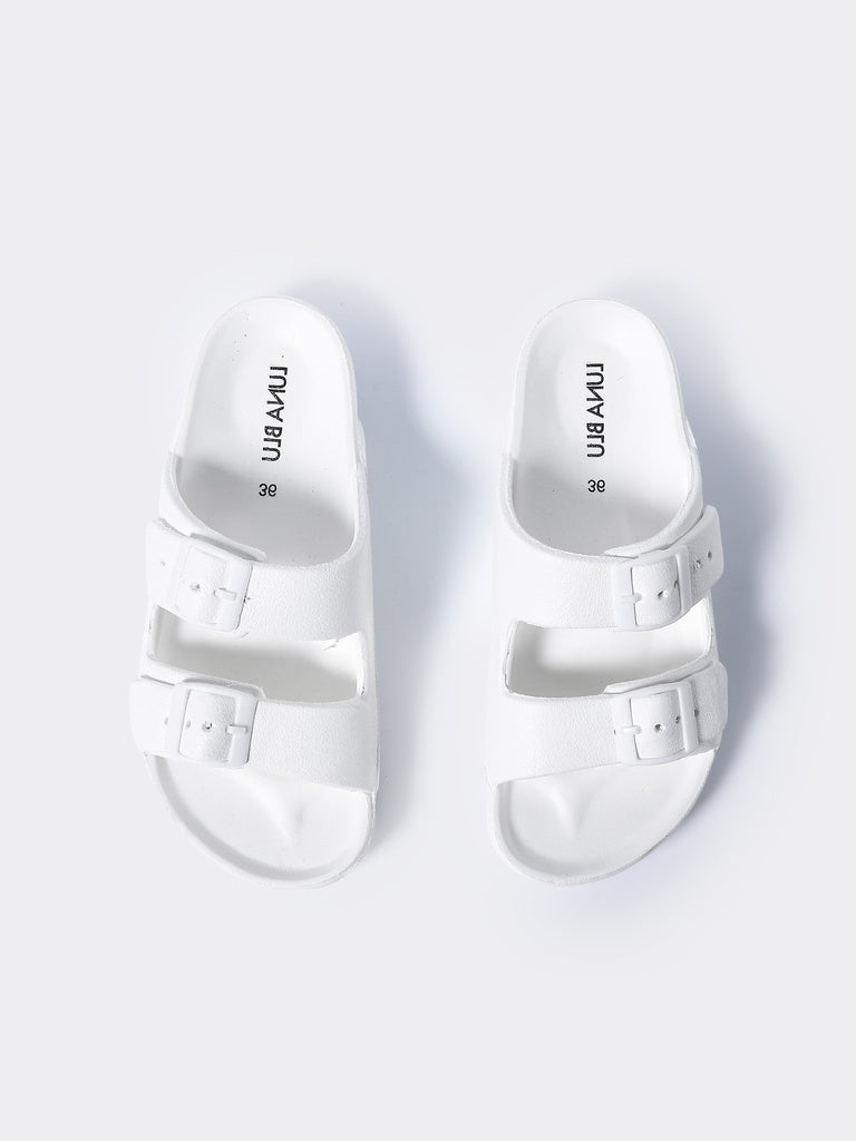 LUNA BLU White Double Buckle Casual Slides