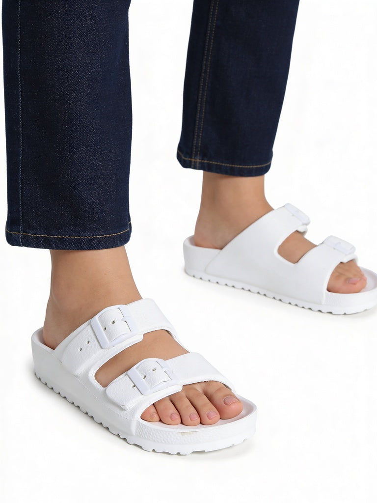 LUNA BLU White Double Buckle Casual Slides