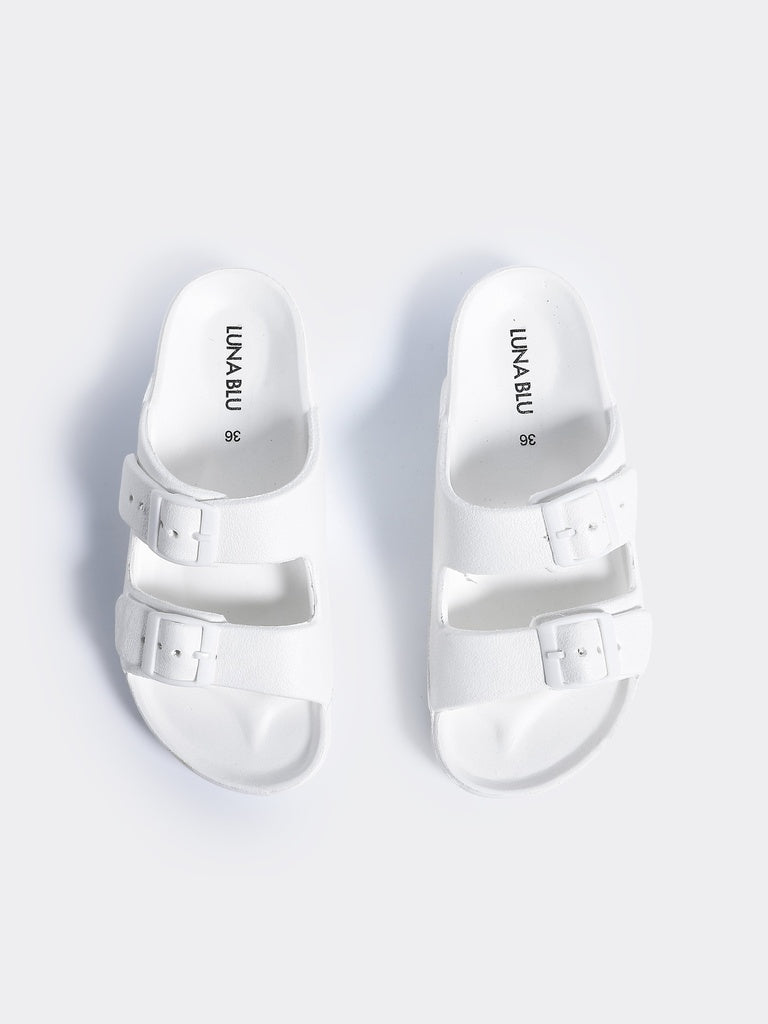 LUNA BLU White Double Buckle Casual Slides