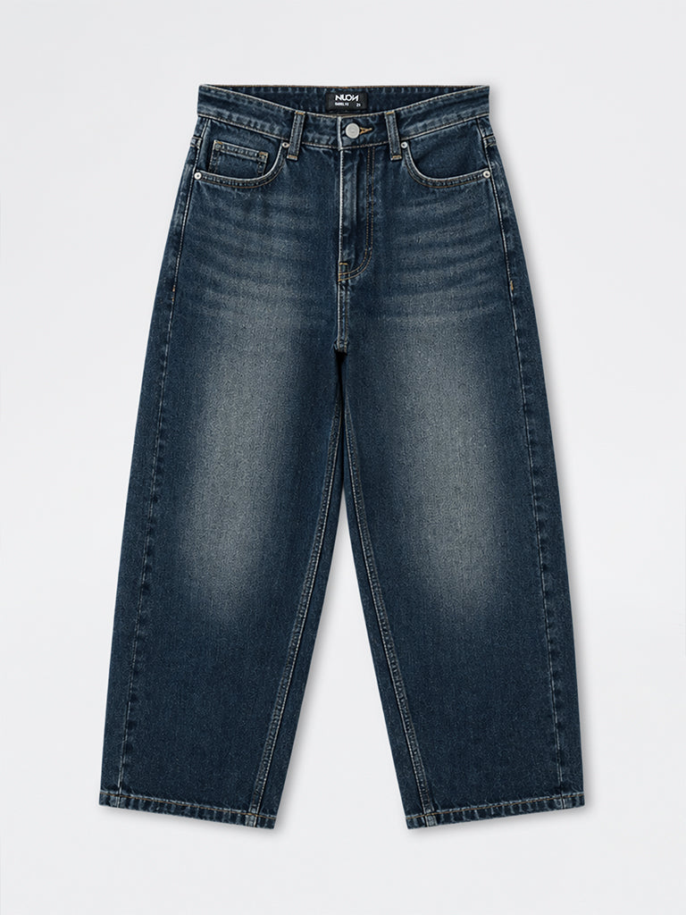 Nuon Blue Mid-Wash Barrel-Fit Mid-Rise Jeans