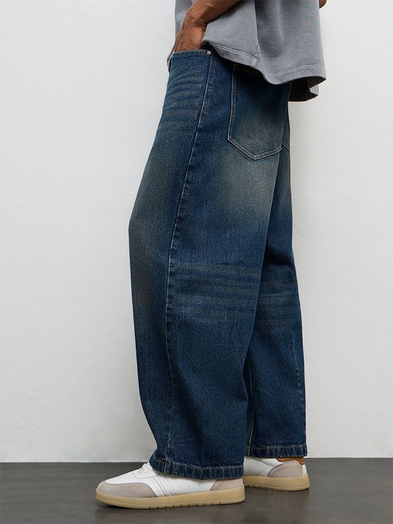 Nuon Blue Mid-Wash Barrel-Fit Mid-Rise Jeans