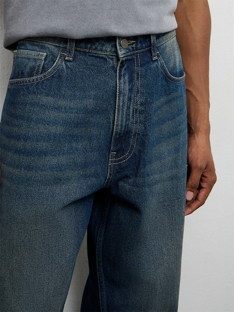 Nuon Blue Mid-Wash Barrel-Fit Mid-Rise Jeans