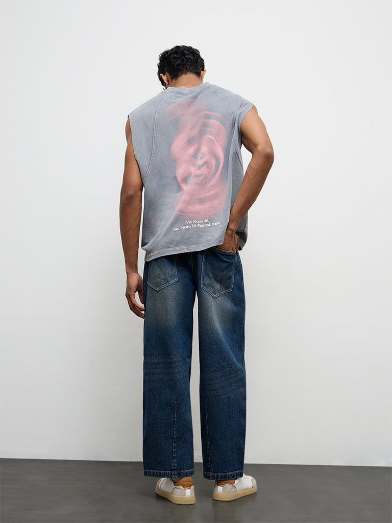 Nuon Blue Mid-Wash Barrel-Fit Mid-Rise Jeans