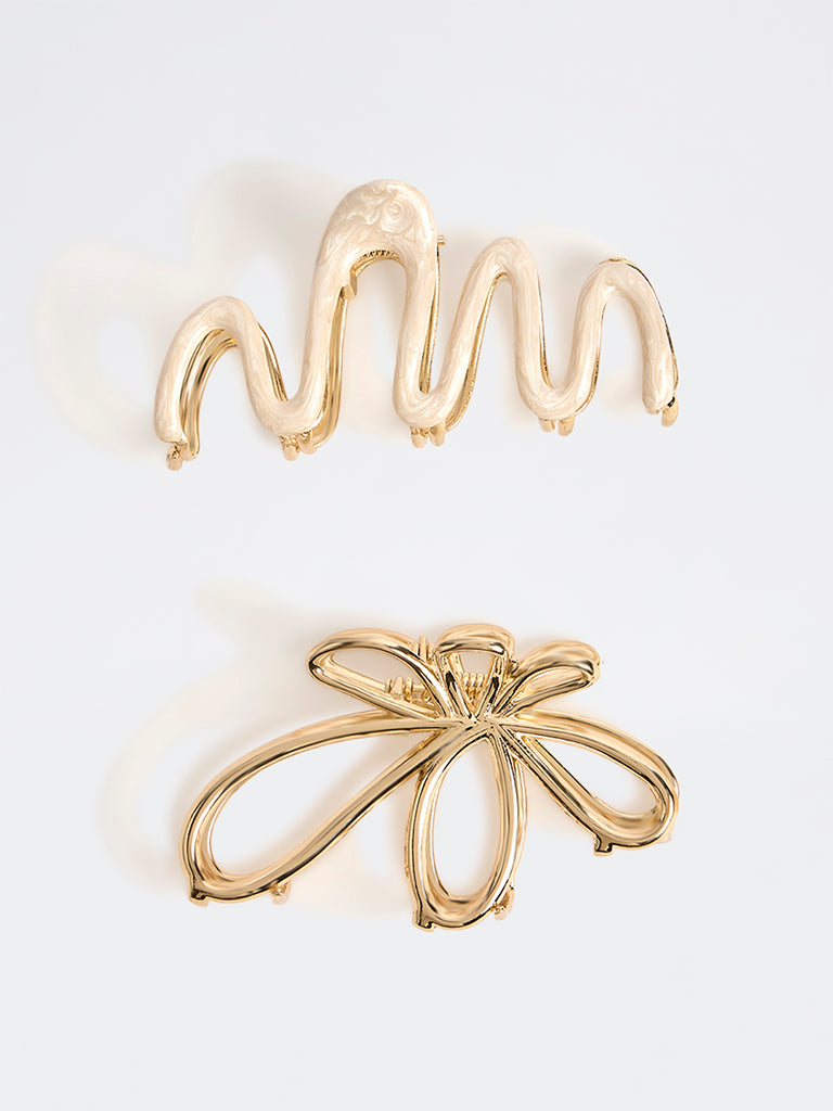 Westside Accessories Gold and White Floral and Wavy Hair Clips - Pack of 2