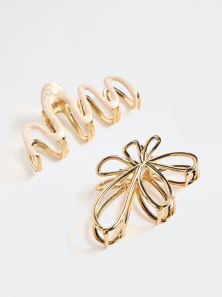 Westside Accessories Gold and White Floral and Wavy Hair Clips - Pack of 2