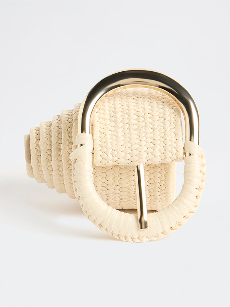 Westside Accessories Light Beige Raffia Covered Buckle Belt