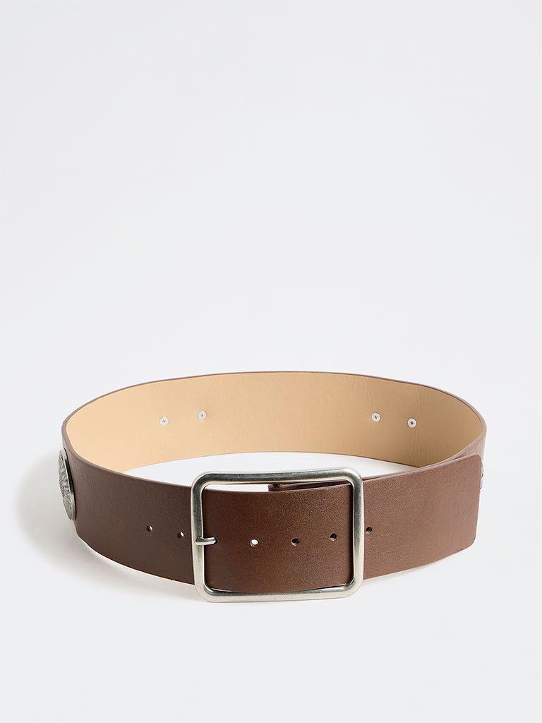 Westside Accessories Brown Floral Studded Wide Belt