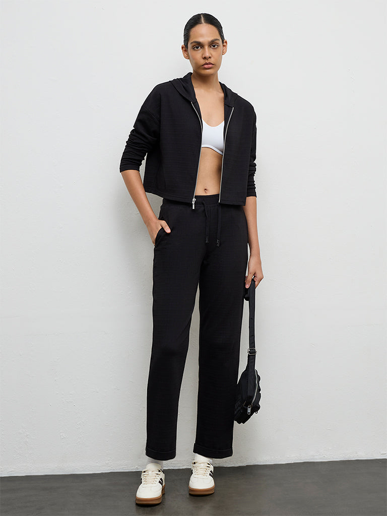 Nuoflexx Black Textured High-Rise Cotton-Blend Track Pants