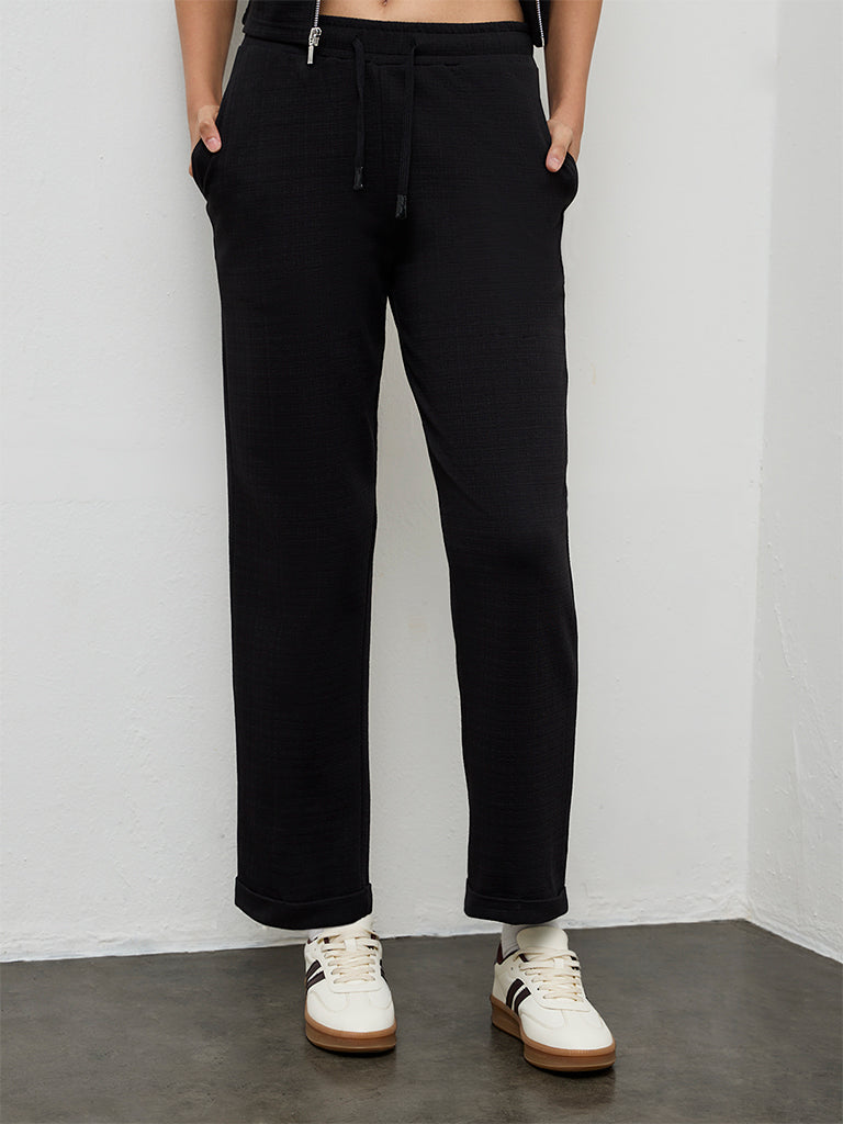 Nuoflexx Black Textured High-Rise Cotton-Blend Track Pants