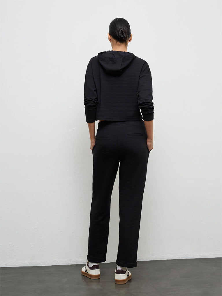 Nuoflexx Black Textured High-Rise Cotton-Blend Track Pants