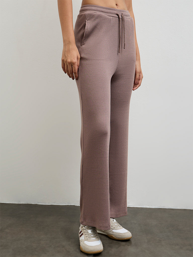 Nuoflexx Dusty Mauve Ribbed-Textured High-Rise Pants