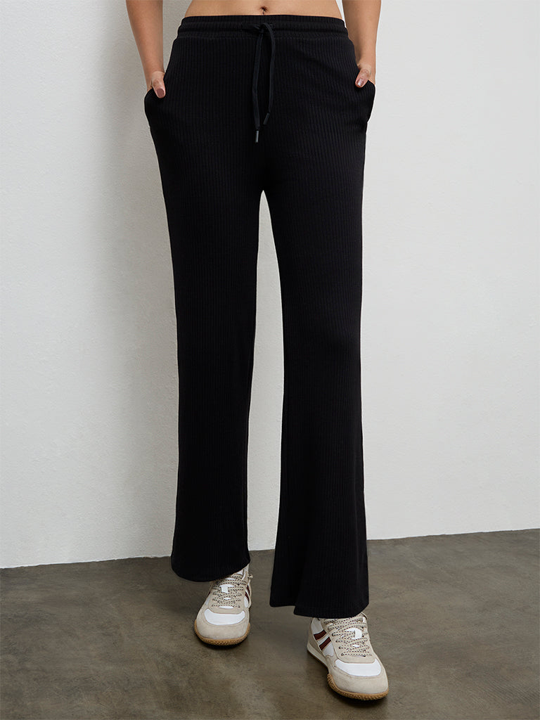 Nuoflexx Black Ribbed-Textured High-Rise Pants
