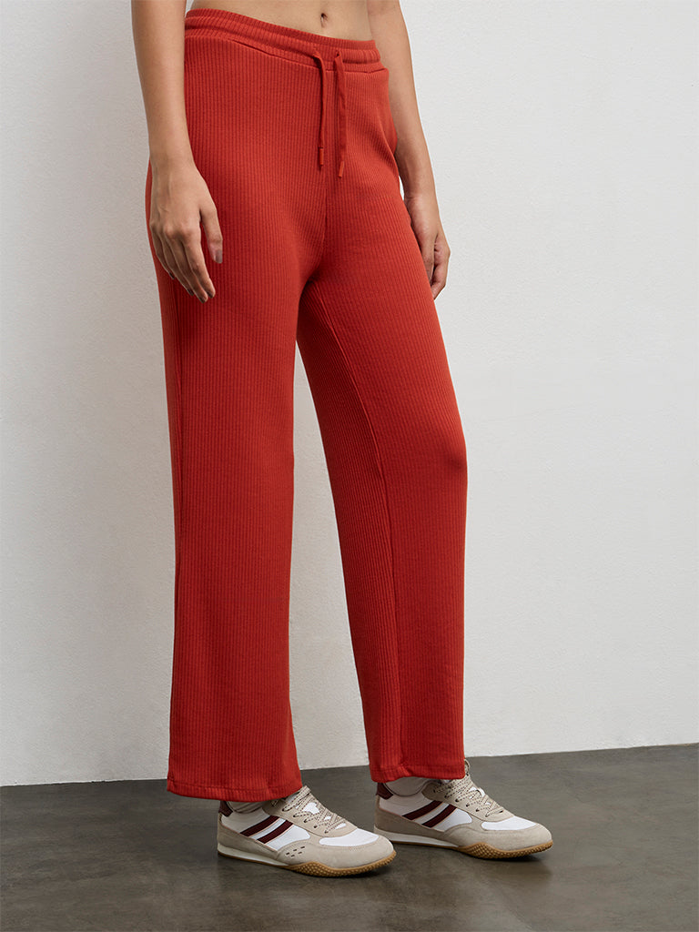 Nuoflexx Red Ribbed-Textured High-Rise Pants