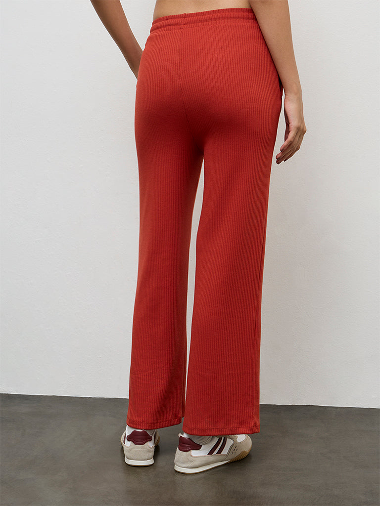 Nuoflexx Red Ribbed-Textured High-Rise Pants
