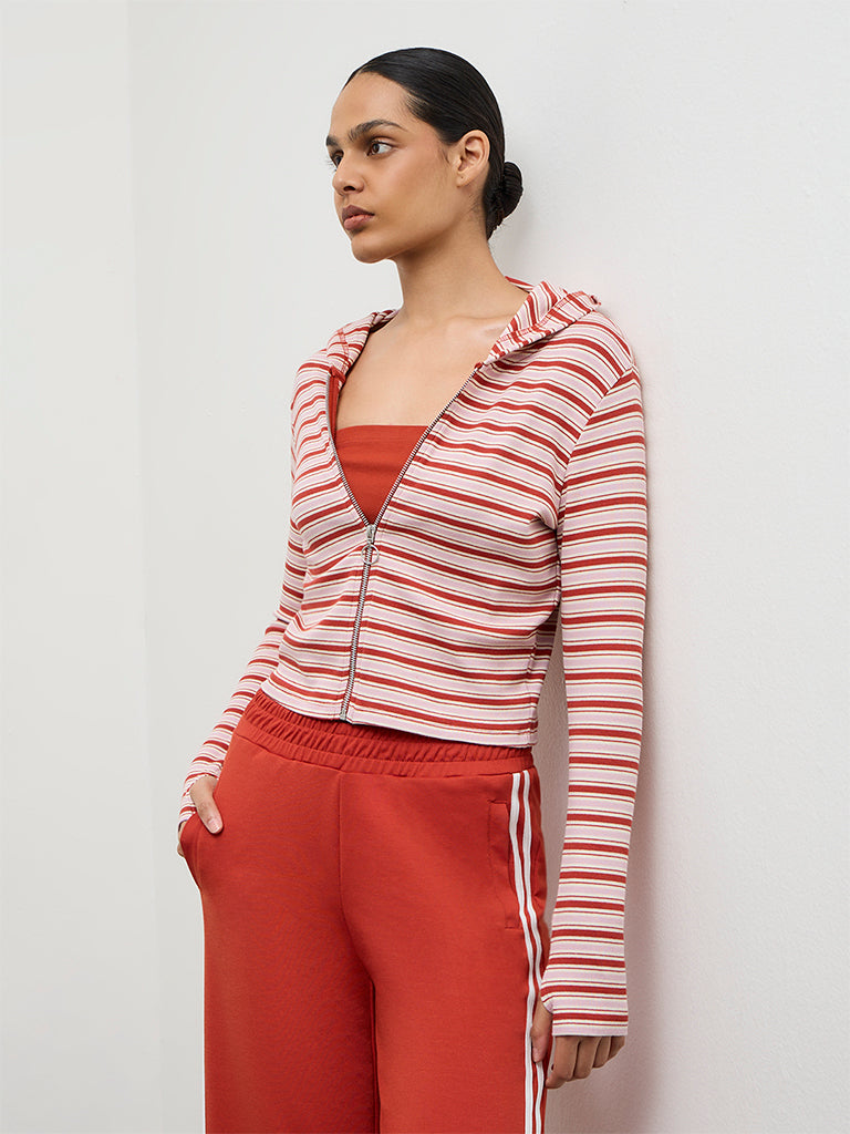 Nuoflexx Rust Striped Cotton-Blend Hooded Jacket