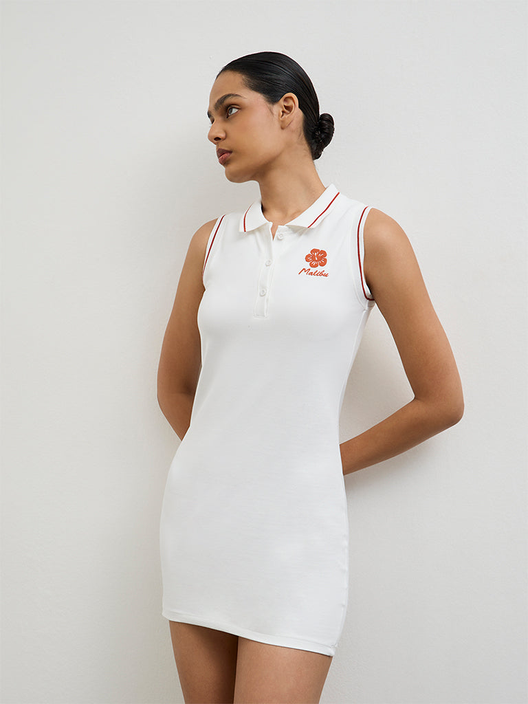 Nuoflexx Off-White Printed Cotton Polo T-Shirt Dress