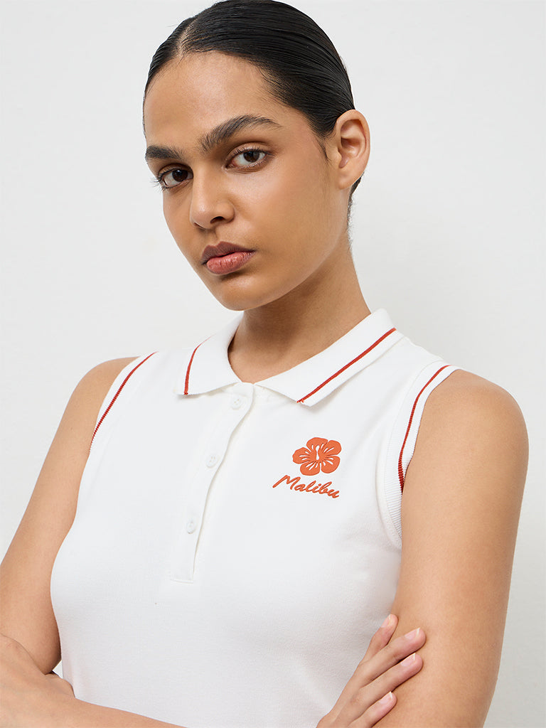 Nuoflexx Off-White Printed Cotton Polo T-Shirt Dress