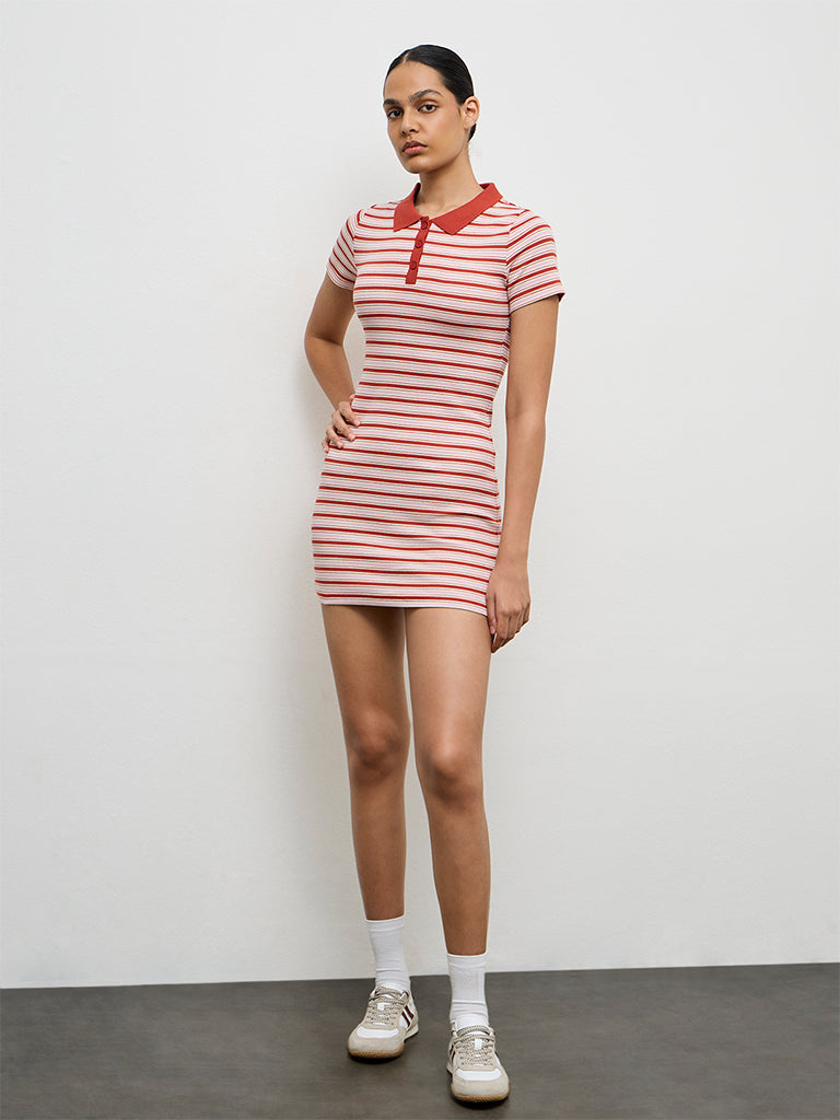 Nuoflexx Rust Stripe-Printed Cotton-Blend Bodycon Dress