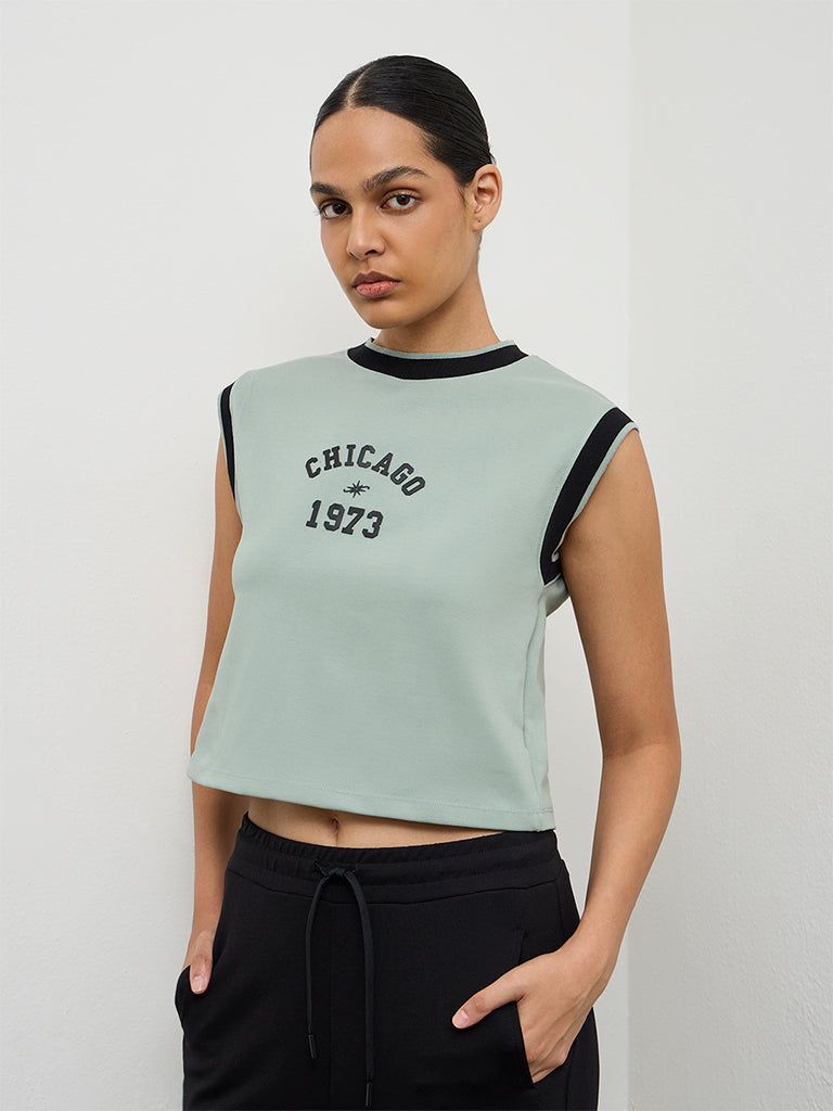 Nuoflexx Sage Green Text Printed Cotton-Blend T-Shirt
