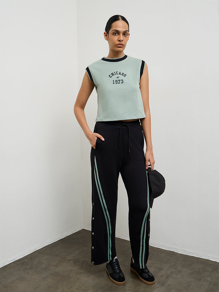 Nuoflexx Sage Green Text Printed Cotton-Blend T-Shirt