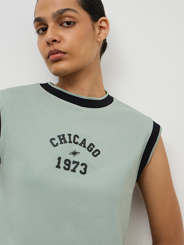 Nuoflexx Sage Green Text Printed Cotton-Blend T-Shirt