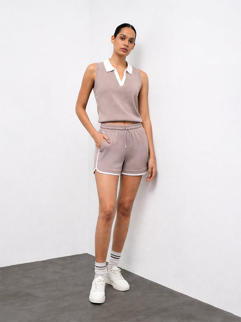 Nuoflexx Taupe Ribbed Cotton-Blend Top
