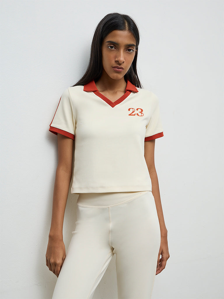Nuoflexx Cream Numerical-Detail Cotton-Blend T-Shirt