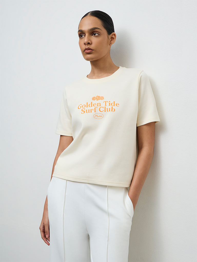 Nuoflexx Cream Printed Cotton-Blend T-Shirt