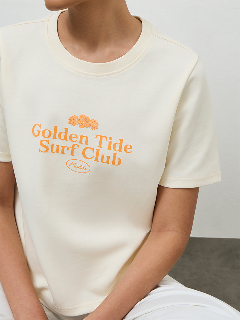 Nuoflexx Cream Printed Cotton-Blend T-Shirt