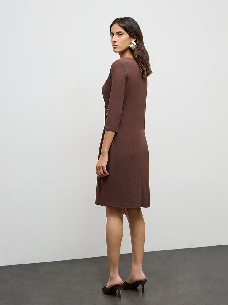 Buy Wardrobe Dark Brown Wrap-Style Dress from Westside