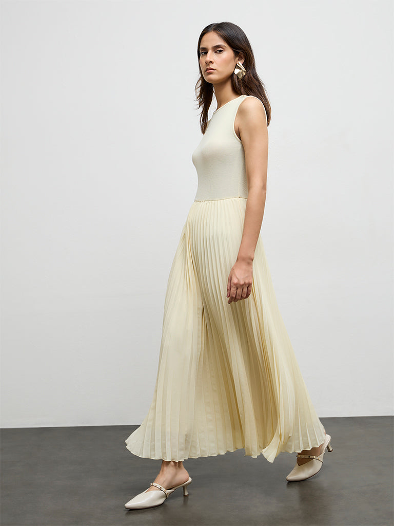 Wardrobe Light Yellow Accordion Pleated A-Line Dress