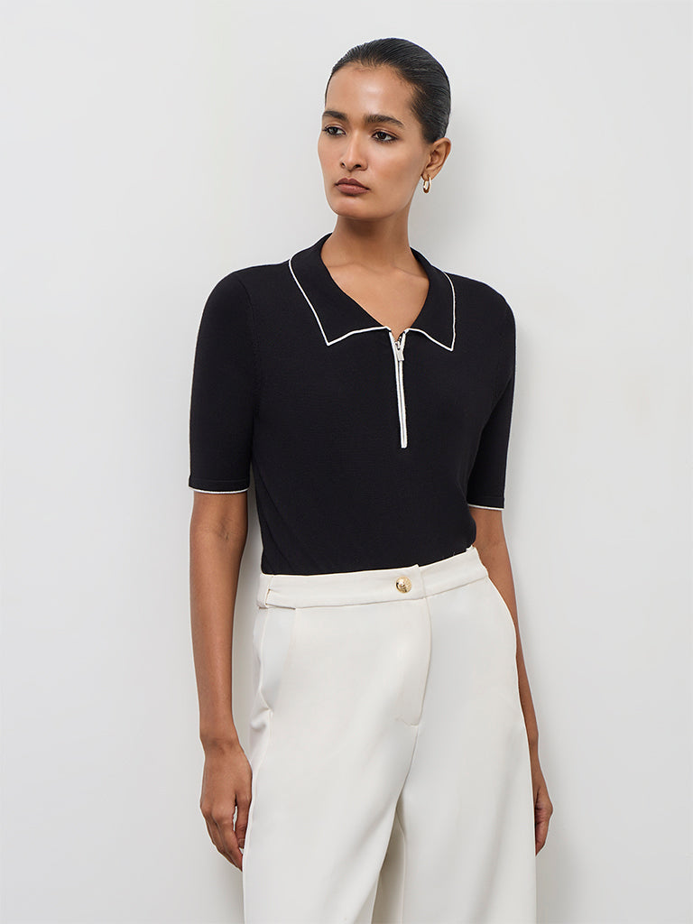 Wardrobe Black Solid Quarter-Zip Top