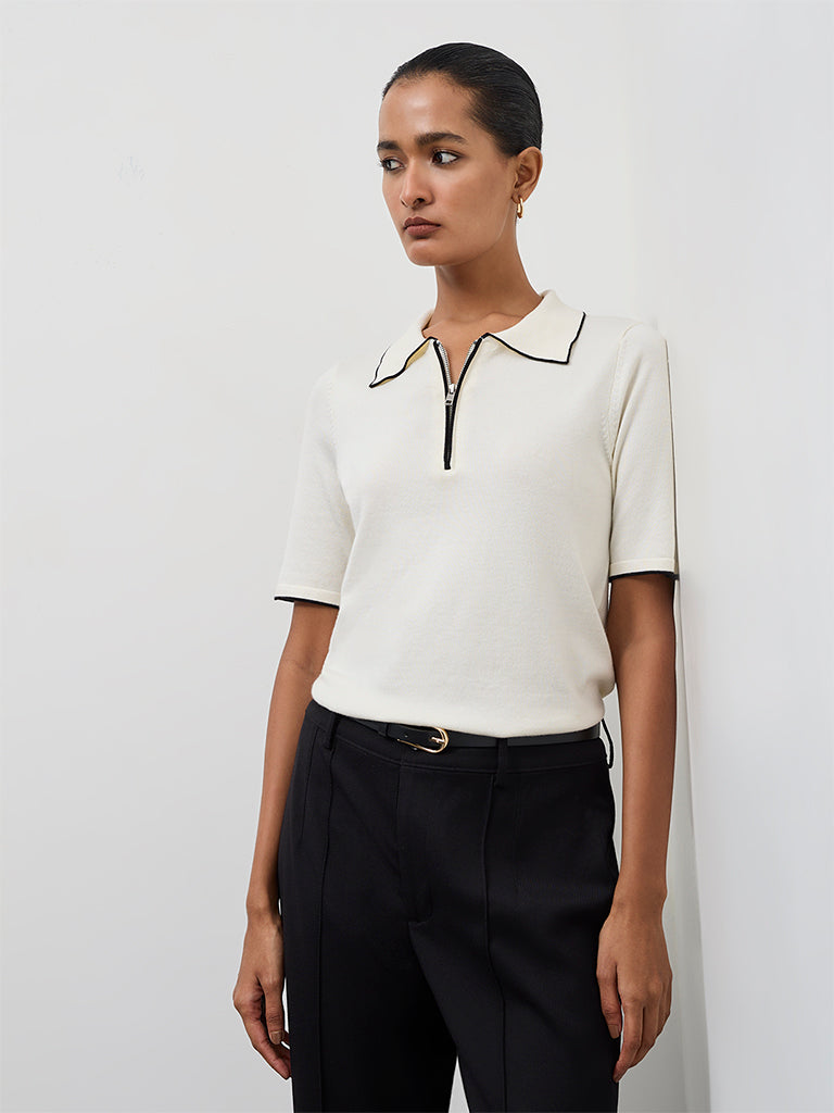 Wardrobe Ivory Solid Quarter-Zip Top