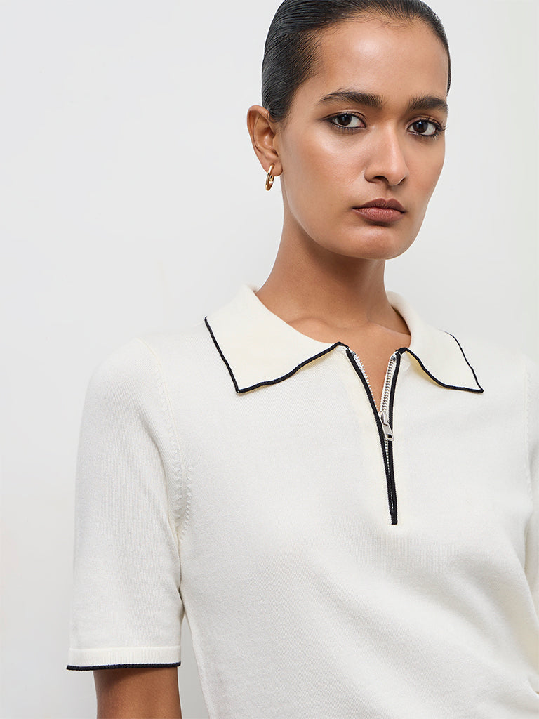 Wardrobe Ivory Solid Quarter-Zip Top
