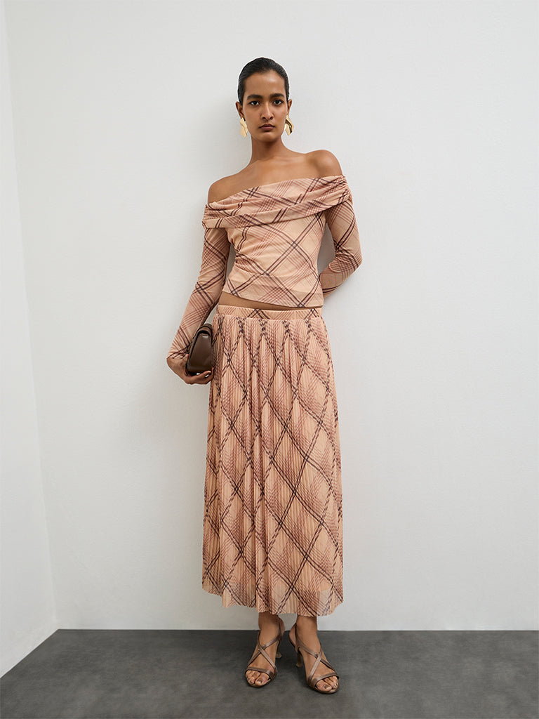 Wardrobe Beige Checks Pattern Off-Shoulder Top