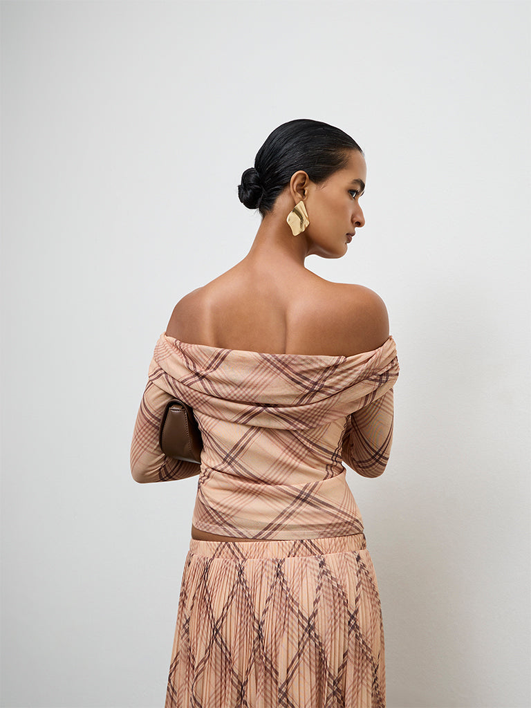 Wardrobe Beige Checks Pattern Off-Shoulder Top