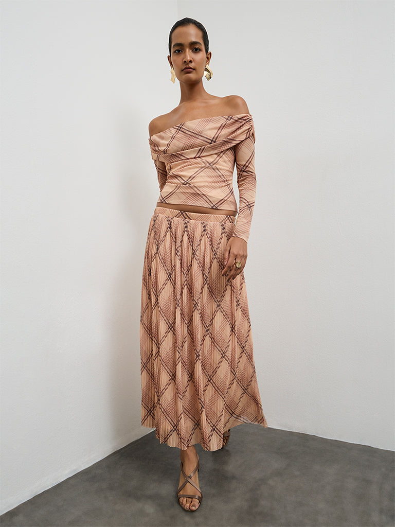 Wardrobe Beige Checkered Accordion Pleated High-Rise Skirt