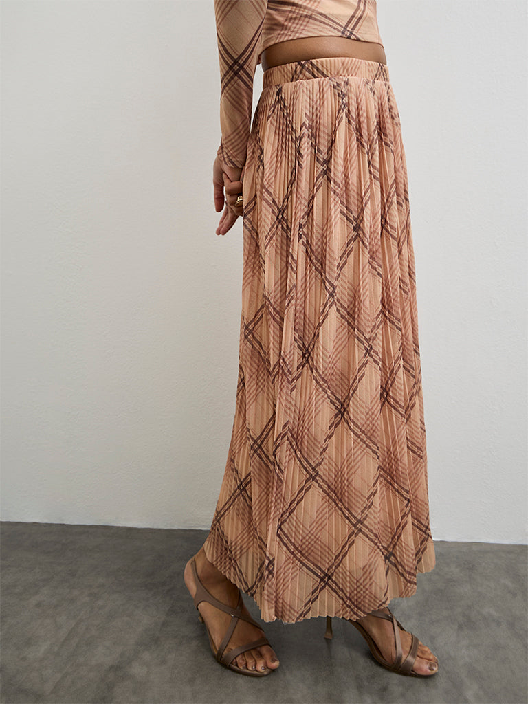 Wardrobe Beige Checkered Accordion Pleated High-Rise Skirt