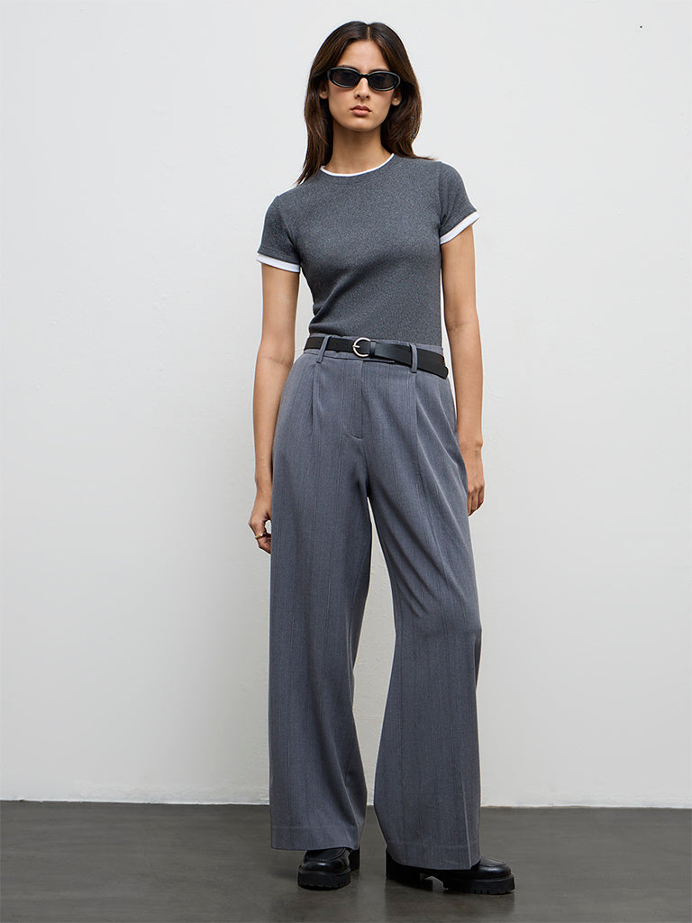Wardrobe Grey Striped High-Rise Trousers