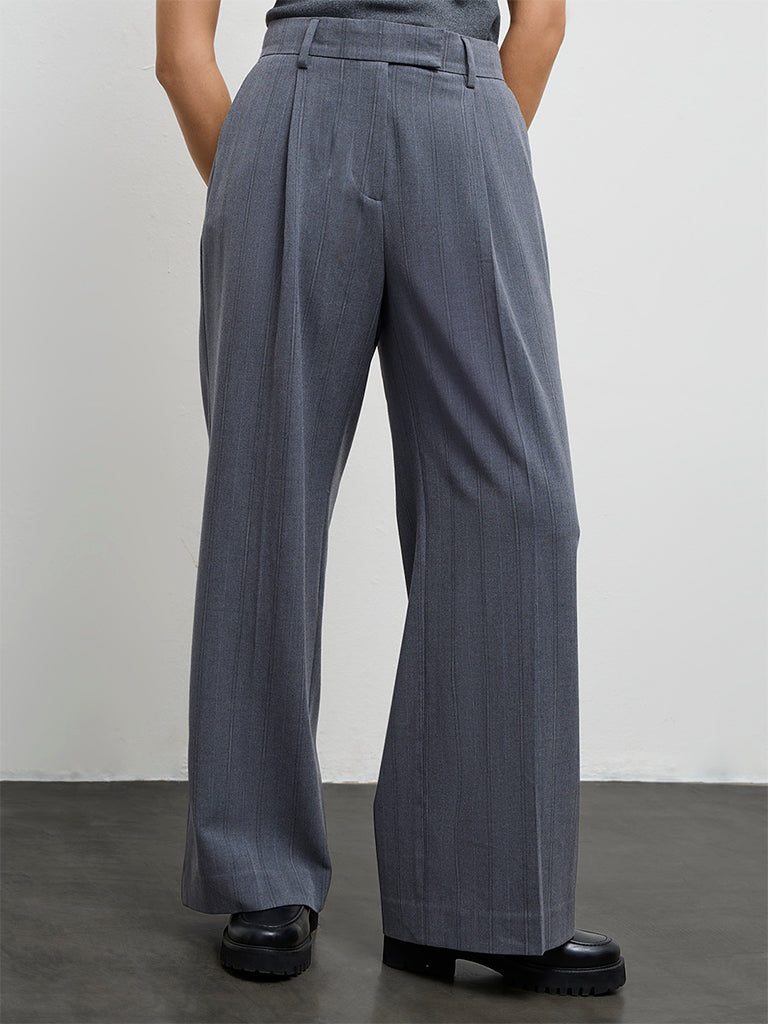Wardrobe Grey Striped High-Rise Trousers
