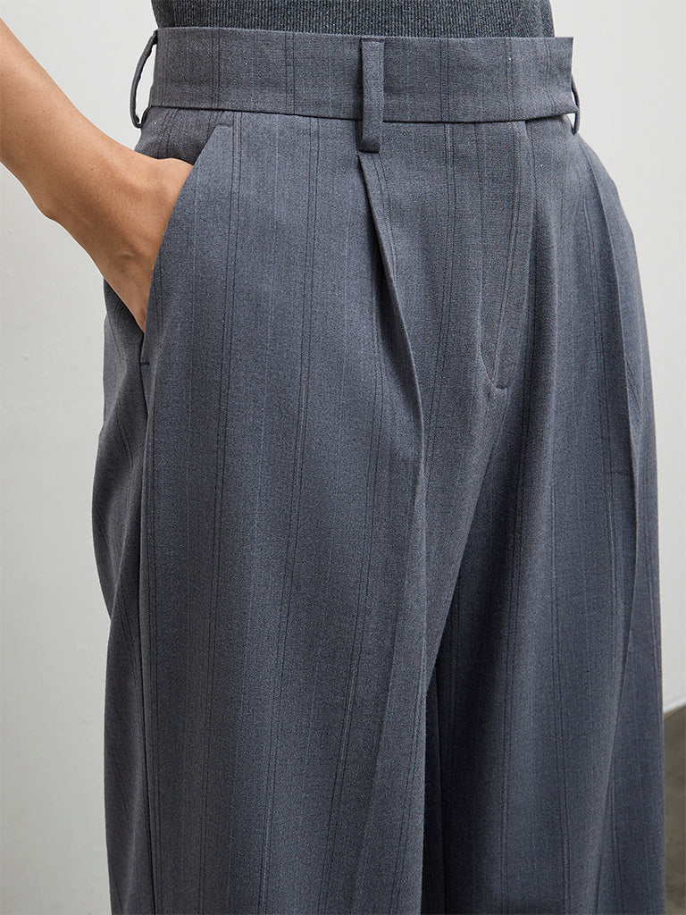Wardrobe Grey Striped High-Rise Trousers