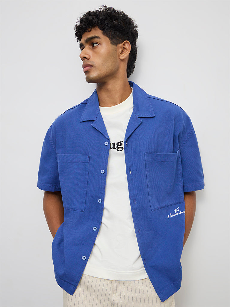 Nuon Blue Text-Detail Boxy-Fit Cotton Shirt