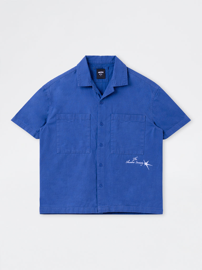 Nuon Blue Text-Detail Boxy-Fit Cotton Shirt